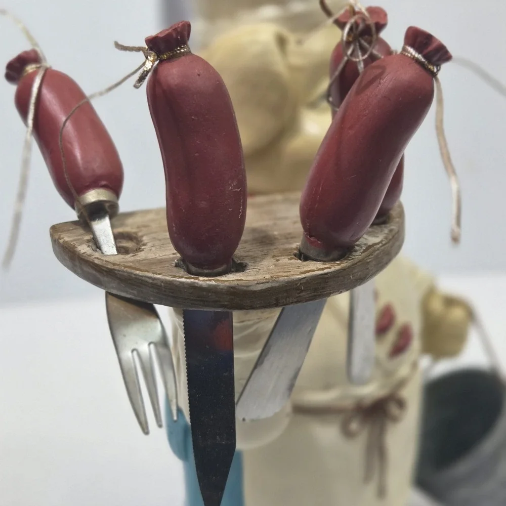 Pig Chef Statue Resin Butcher Sausage Appetizer Fork Knife Set Bucket 14 Inch